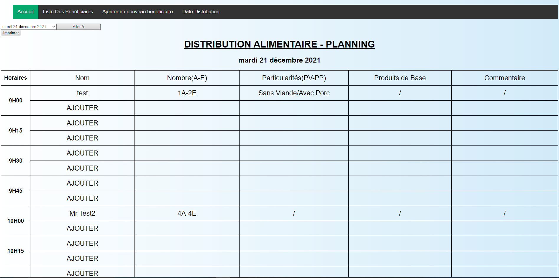 Croix Rouge planning